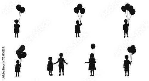Children holding balloons stand silhouetted against a white backdrop, creating a sense of innocence and childlike wonder.