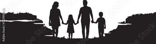 Silhouette of a happy family of four holding hands, parents with two children standing together in a scenic landscape