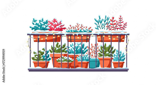 Winter Balcony with Potted Plants and Decorative Lights
