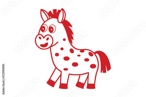 Smiling spotted cartoon horse strides confidently, displaying its red mane and tail on white