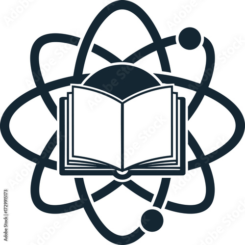 Open book surrounded by atomic orbitals symbolizing knowledge and science