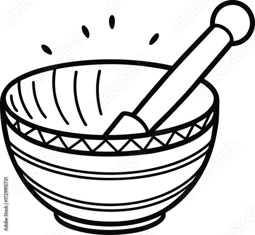 Singing bowl with wooden mallet line art on transparent background