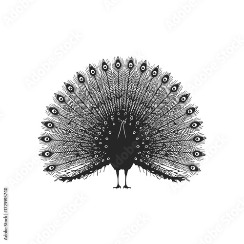 A stunningly detailed black silhouette of a peacock with its tail feathers fully spread in a magnificent display.