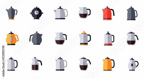 Various teapots and kettles displayed in neat rows against a white backdrop, showcasing a range of styles and designs for tea preparation and serving, creating a clean and organized presentation.
