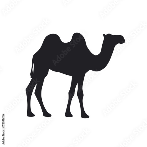 Black camel silhouette standing. Minimalist flat 2D vector icon for desert and travel concepts, isolated on white.