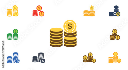 Stacks of golden coins represent financial growth and wealth accumulation on a clean white surface, symbolizing prosperity and investment success.