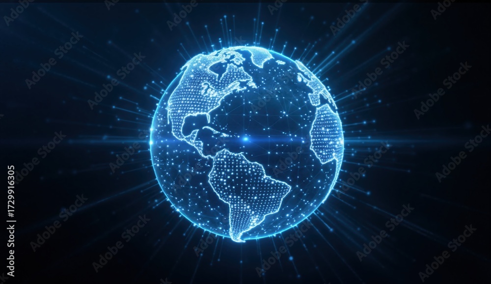 Obraz premium Glowing Digital Earth with Streaks of Light on a Dark Background, Representing Global Connectivity and Technology