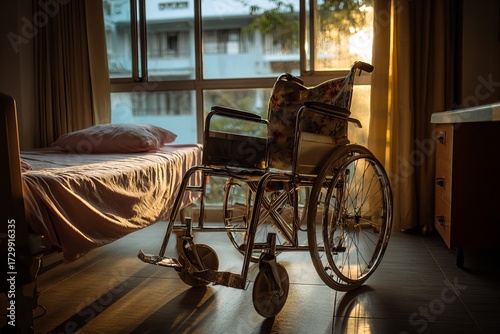 Wheelchair in hospital room with warm sunlight through window