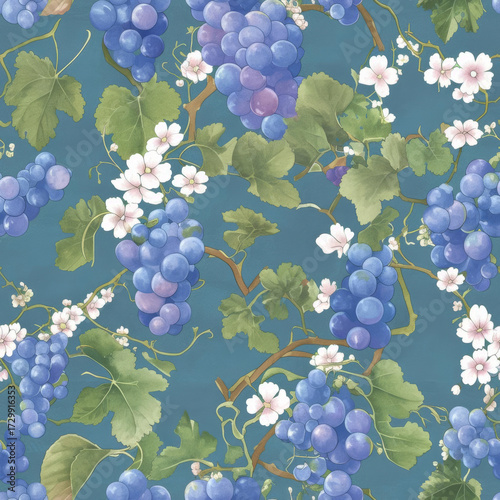 Grapes and flowers create vibrant pattern on teal background, evoking freshness and nature