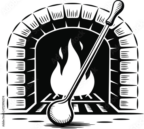 Rustic brick oven with flaming fire and long handle tool ready for baking