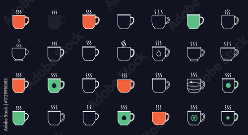 Collection of coffee cups showing different styles and colors on dark background, representing variety and choice for beverage consumption.