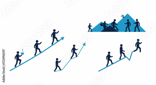 People climbing up arrow charts towards mountain peak, symbolizing business success and career growth with determination and teamwork.