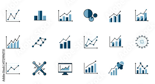 Collection of business charts and graphs representing data analysis and financial growth on white background, conveying a sense of progress and success.