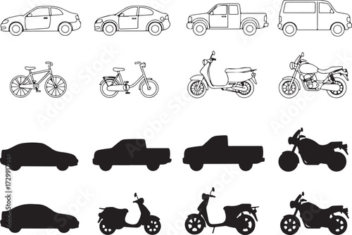 Vehicle vector set car, bike, bicycle in silhouette and outline styles.eps