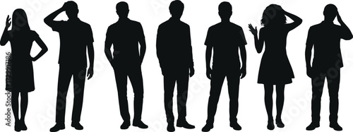 Group of men and women silhouettes standing, casual human figures, people outline vector illustration, black shadow poses for design and artwork