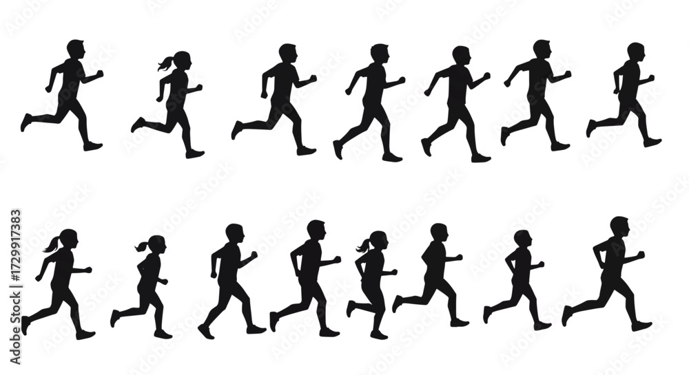 Obraz premium Silhouetted figures running in a row on a white backdrop, showcasing movement and energy in a simple, modern style.