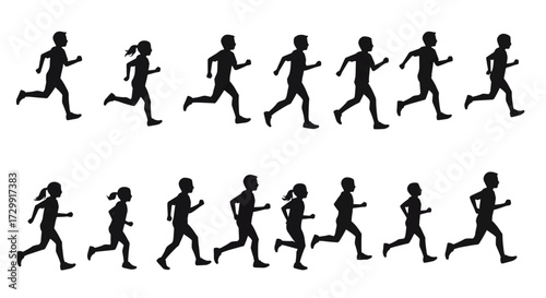 Silhouetted figures running in a row on a white backdrop, showcasing movement and energy in a simple, modern style.