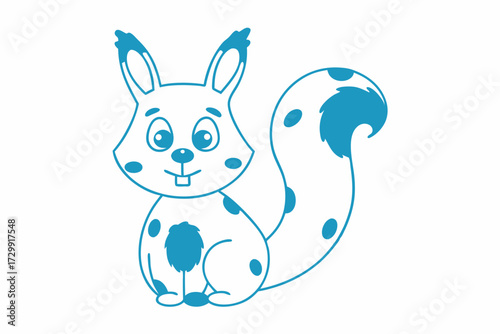 Teal outlined cartoon squirrel is sitting with a dotted tail and body