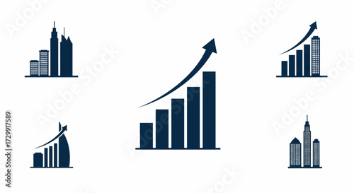 Business growth charts rising against city skyline represent financial success and urban development in a modern and optimistic style.