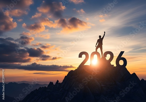 Achieving 2026 Goal Silhouette of Victorious Man on Mountain Peak at Sunset, symbolizing success, ambition, and a bright future