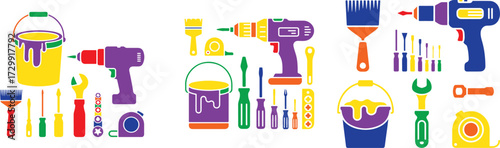Colorful tools and paint buckets screwdrivers drills