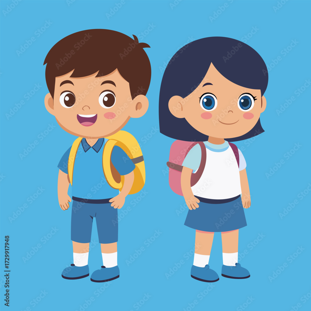 Fototapeta premium Cute cartoon happy children in asian student uniform. character people vector illustration drawing.
