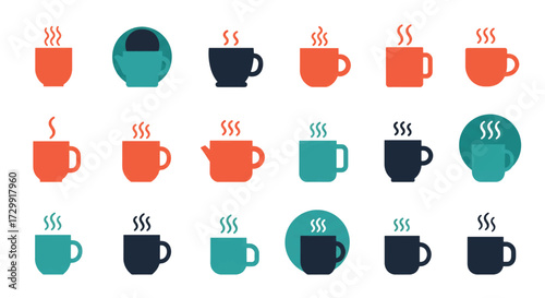 Various coffee cups steaming gently on white surface, showcasing diverse shapes and colors in a cozy and inviting atmosphere.