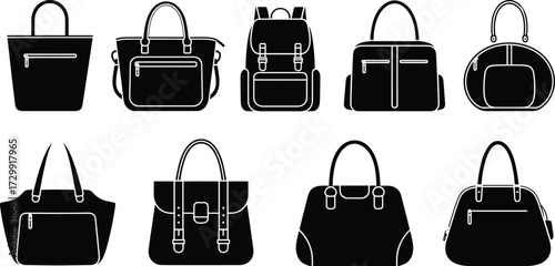 Handbag and backpack silhouette collection, fashion bag vector set, purse tote and travel backpack icons, stylish women accessories, black bag design isolated
