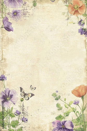 Beautiful floral background featuring purple and orange flowers, butterflies, and vintage