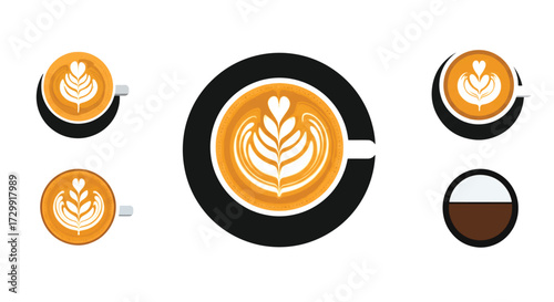 Coffee cups showing latte art arranged on white surface creating a warm and inviting atmosphere perfect for a cafe menu or coffee shop promotion.