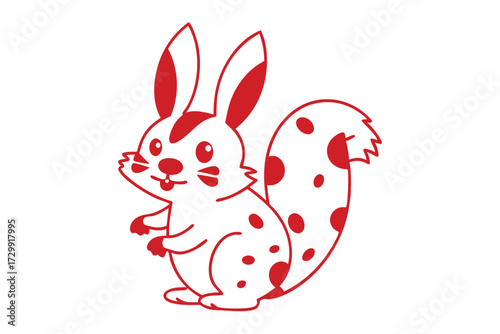 Whimsical red outline drawing shows a bunny with a spotted fluffy tail standing happily