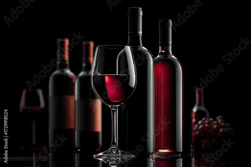 Elegant bottles of wine and a glass of red wine stand in a row on a dark glossy background.
