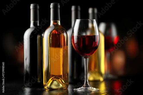Elegant bottles of wine and a glass of red wine stand in a row on a dark glossy background.