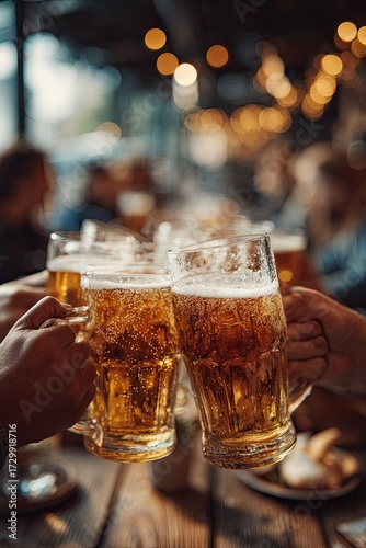Happy group of friends toasting with draft beer in a discreet pub, celebrating friendship