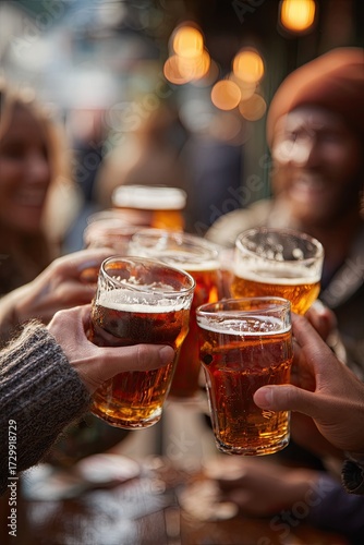 Happy group of friends toasting with draft beer in a discreet pub, celebrating friendship