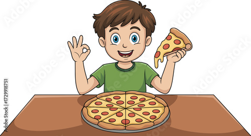 Happy boy cartoon character eating pizza slice, smiling kid sitting at table, delicious fast food meal, tasty cheese pepperoni pizza, fun vector clipart
