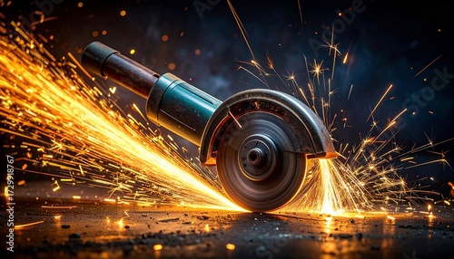 A close-up view of a power tool cutting, generating bright sparks.