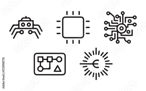 A straightforward collection of vector line icons related to abstract electronics. This set includes icons such as a Spider Bot, a Chip, a Circuit, an Abstract Electronic Module, and additional design
