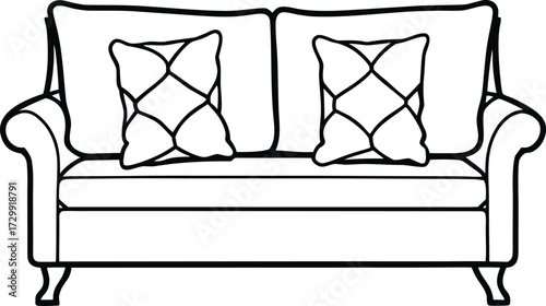 sofa with throw pillows in symmetry line art on transparent background