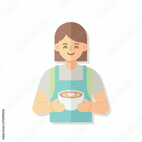 Happy barista serving latte art in a coffee cup with a heart shape on a white background
