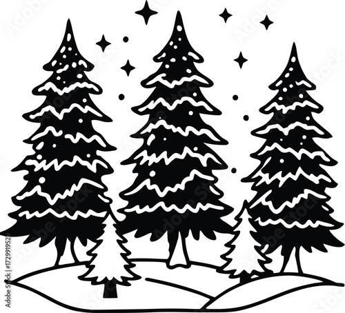 snow covered pine trees in winter glow line art on transparent background