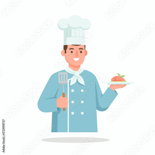 Professional male chef in uniform holding a spatula and serving a delicious gourmet dish on a plate. Culinary character illustration for restaurant business