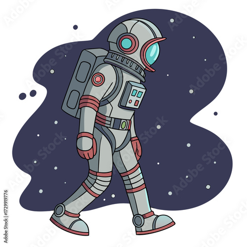 A charming cartoon illustration of a lone astronaut in a detailed spacesuit walking through the vastness of space with stars and nebulae in the background