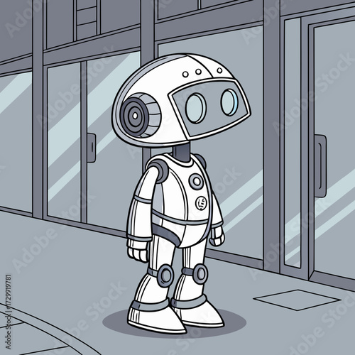 A charming cartoon robot with a white and grey metallic body and large round blue eyes stands on a city sidewalk in front of modern glass building storefronts