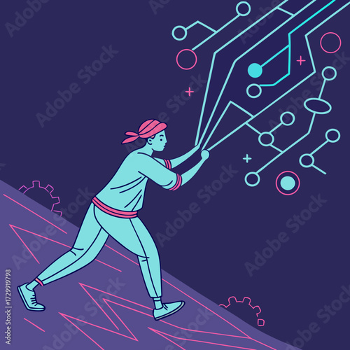 A determined person in athletic wear pulls on digital circuit lines symbolizing technological advancement and innovation with abstract gears and lines suggesting progress and forward momentum