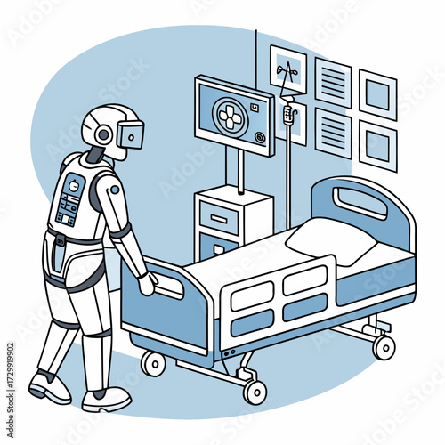 A futuristic robot wearing a vr headset is pushing a hospital bed in a modern medical room with a monitor and iv drip symbolizing advanced healthcare technology and automation