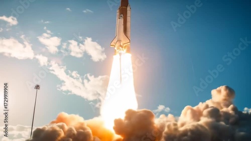 Space Shuttle Launching into Blue Sky with Clouds