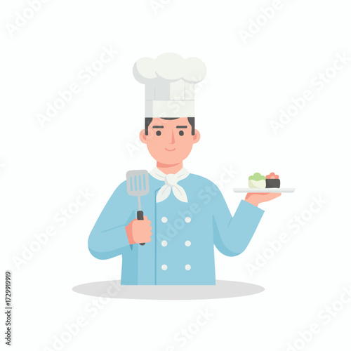 Chef presenting sushi, a culinary professional holding a spatula and plate with traditional Japanese food