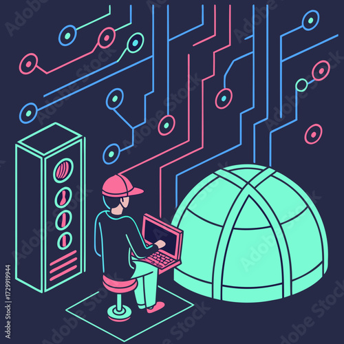 A person wearing a baseball cap sits on a stool in front of a laptop connected to a futuristic digital network with glowing lines and nodes next to a server rack and a geodesic dome