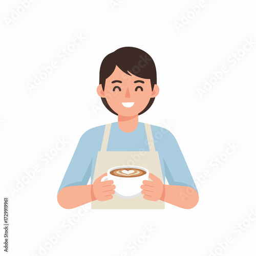 Happy barista in apron holding a cup of coffee with latte art